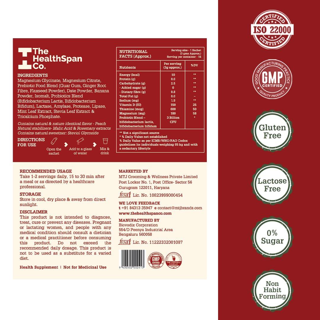 The Healthspan Co. The Healthspan Co. Relief From Digestive Issues,Gas,Bloating,Acidity & Constipation|3 Bn Cfu Of Clinically Proven Probiotic|Digestive Enzymes & Magnesium|15 Days Pack,Sachet,1 Count,15 Servings