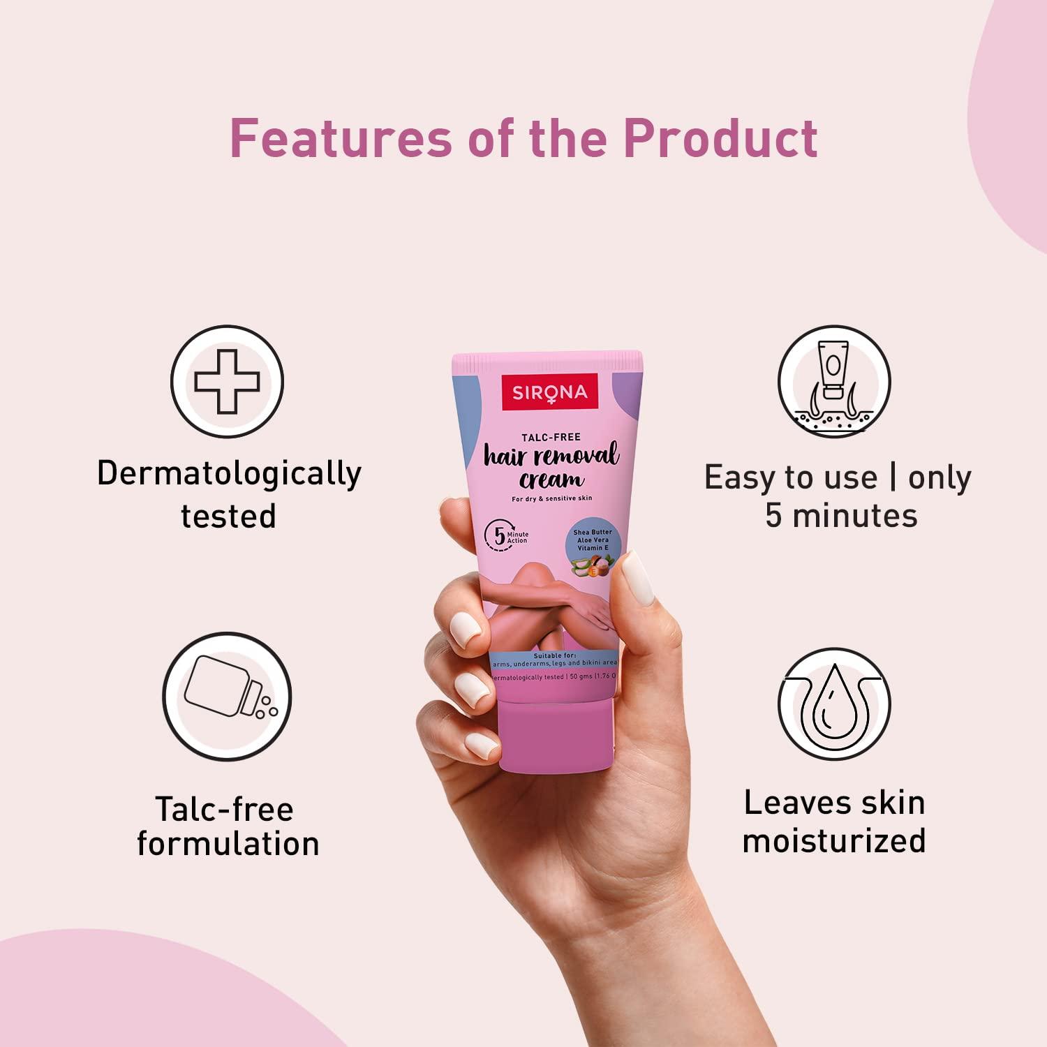 Sirona Sirona Hair Removal Cream, Bikini Hair Removal Cream for Women, Hair Removal Cream for Women, for Bikini Line, Underarm, Legs, Dermatologically Tested, for Dry & Sensitive Skin - 50 gm (Pack of 2)