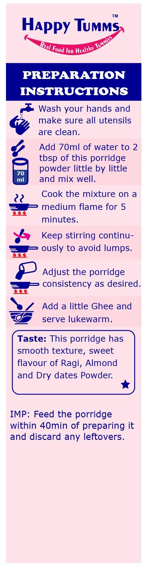 Happy Tumms Happy Tumms Organic Sprouted Ragi Almond Dates Porridge Mix | NO HIDDEN SUGAR | Made of Sprouted Ragi Powder for baby | Sprouted Ragi for Calcium, Iron | Real Food No Chemicals | Available in Trial Baby Packs too | Shelf-life 9 month | 200g