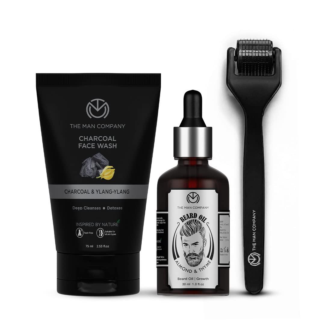 The Man Company The Man Company Beard Growth Kit with Almond & Thyme Beard Growth Oil for Men, Charcoal Face Wash & Beard Activator (Derma roller) For Fast Beard Growth (Set of 3)