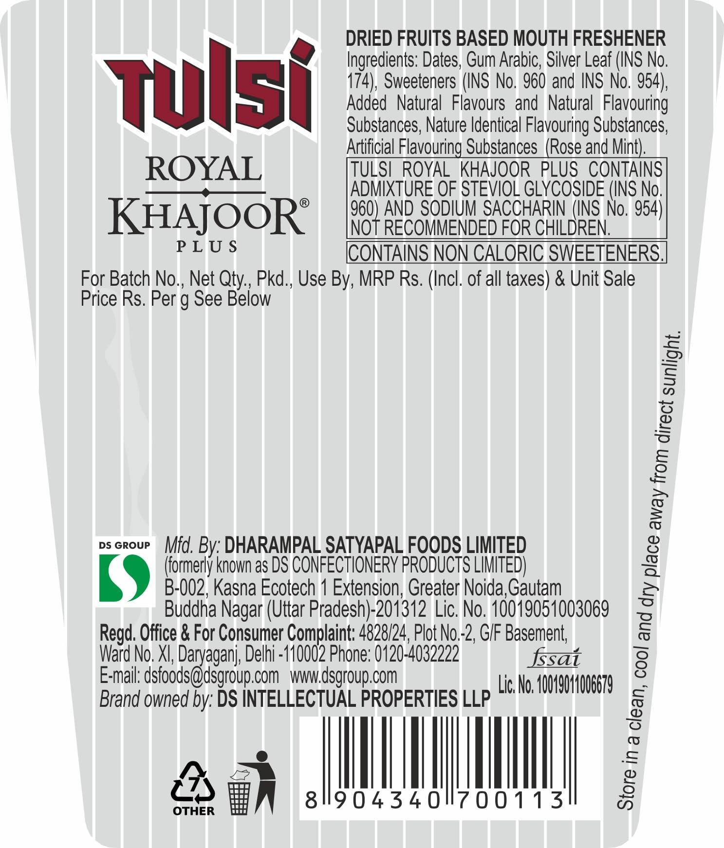 Dharampal Satyapal Foods Limited Tulsi Royal Khajoor Plus | Pack of 6 (30g x 6) | Silver Coated Khajoor | Dates| Mint Mouthfreshner Jar | Flip Top Pack