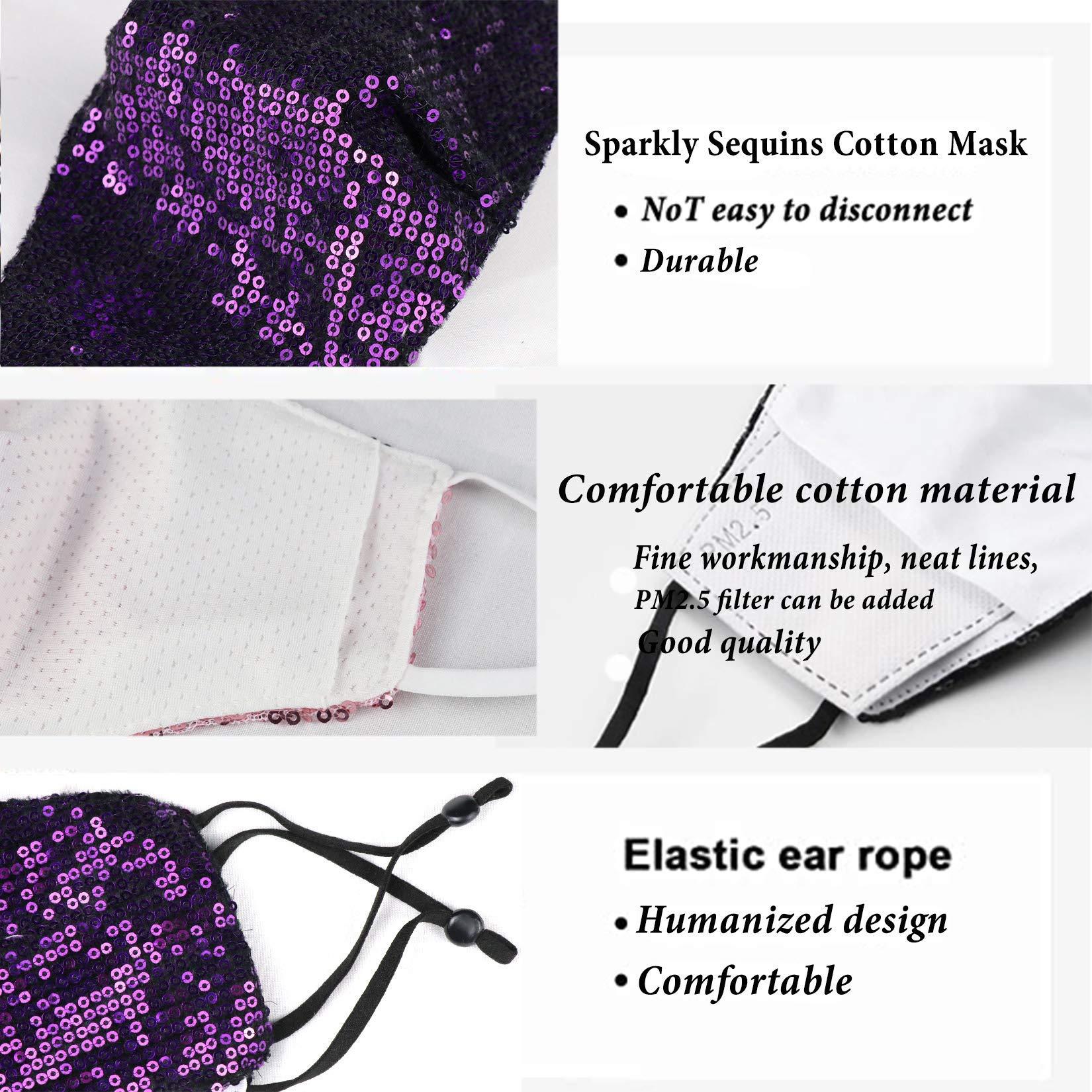 MLGDA Sparkly Sequins Mouth Masc Fashion Designer Glitter Cotton Face Cover With Adjustable Ear Loops Reusable Masquerade Party Nightclub Rave Festival Sequins Face Covering (Purple)