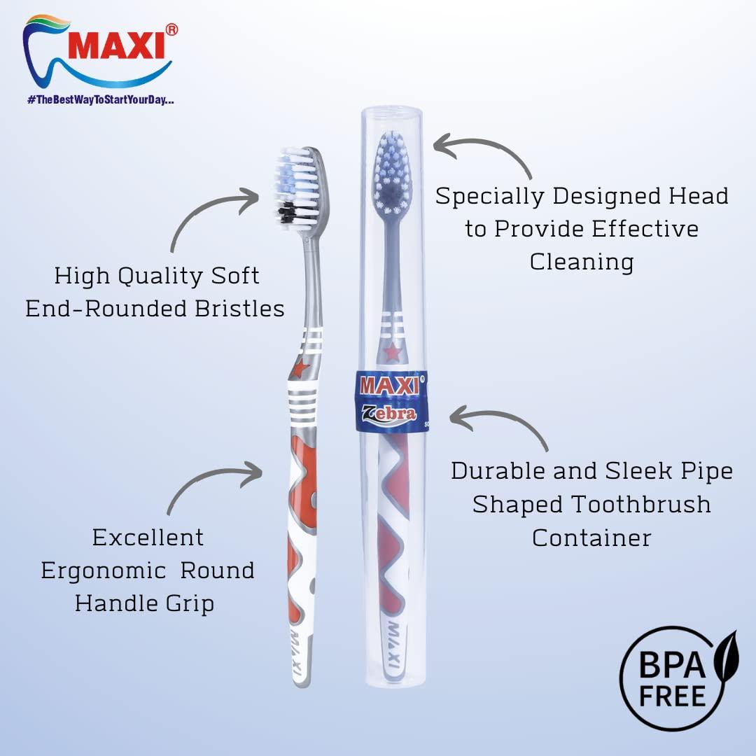 Maxi MAXI Zebra Soft Bristles Toothbrush with anti-bacterial container, Travel pack, Multicolor, Pack of 12