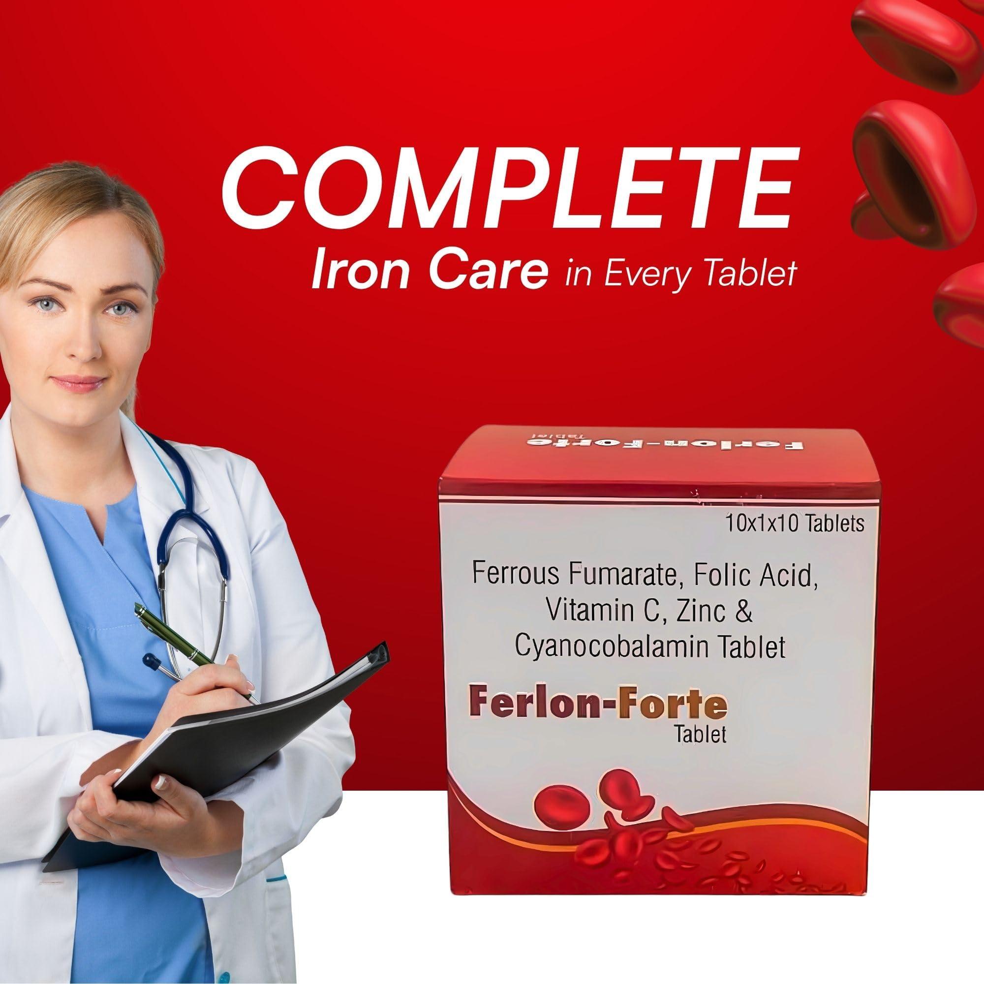 FERLON-FORTE FERLON-FORTE: Iron Supplement ( Pack Of 100 Veg Tablets) The Ultimate Therapy for Iron Deficiency, Pregnancy & Lactation Support, Compensate Blood Loss During menses & Post Surgery, Combat General Weakness, Boosts Energy and Immunity : Ferrous Fumara