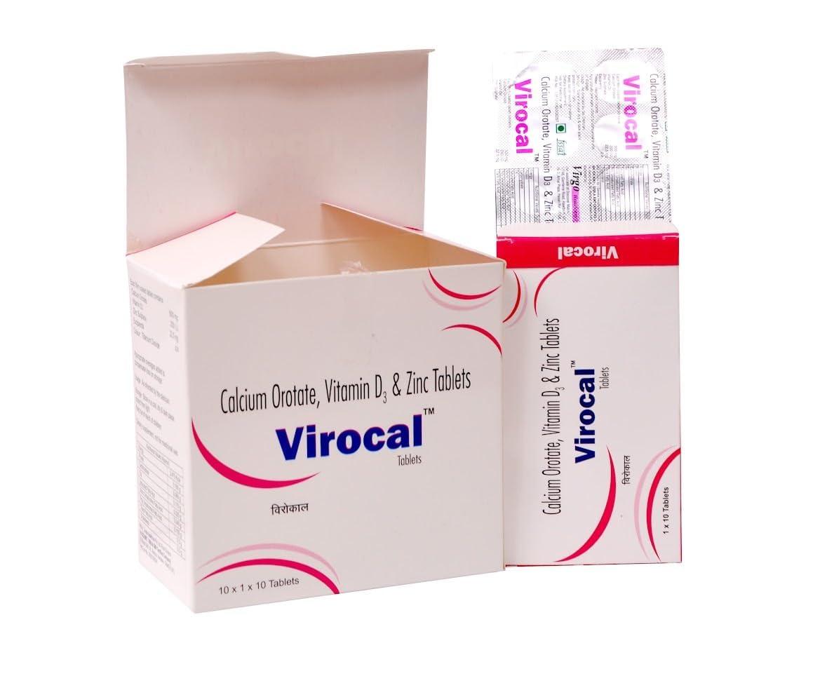Virgo Healthcare Virocal - Calcium Orotate + Vitamin D3 + Zinc Supplement for Bones & Muscle Strength 30 Tablets (Pack of 3)