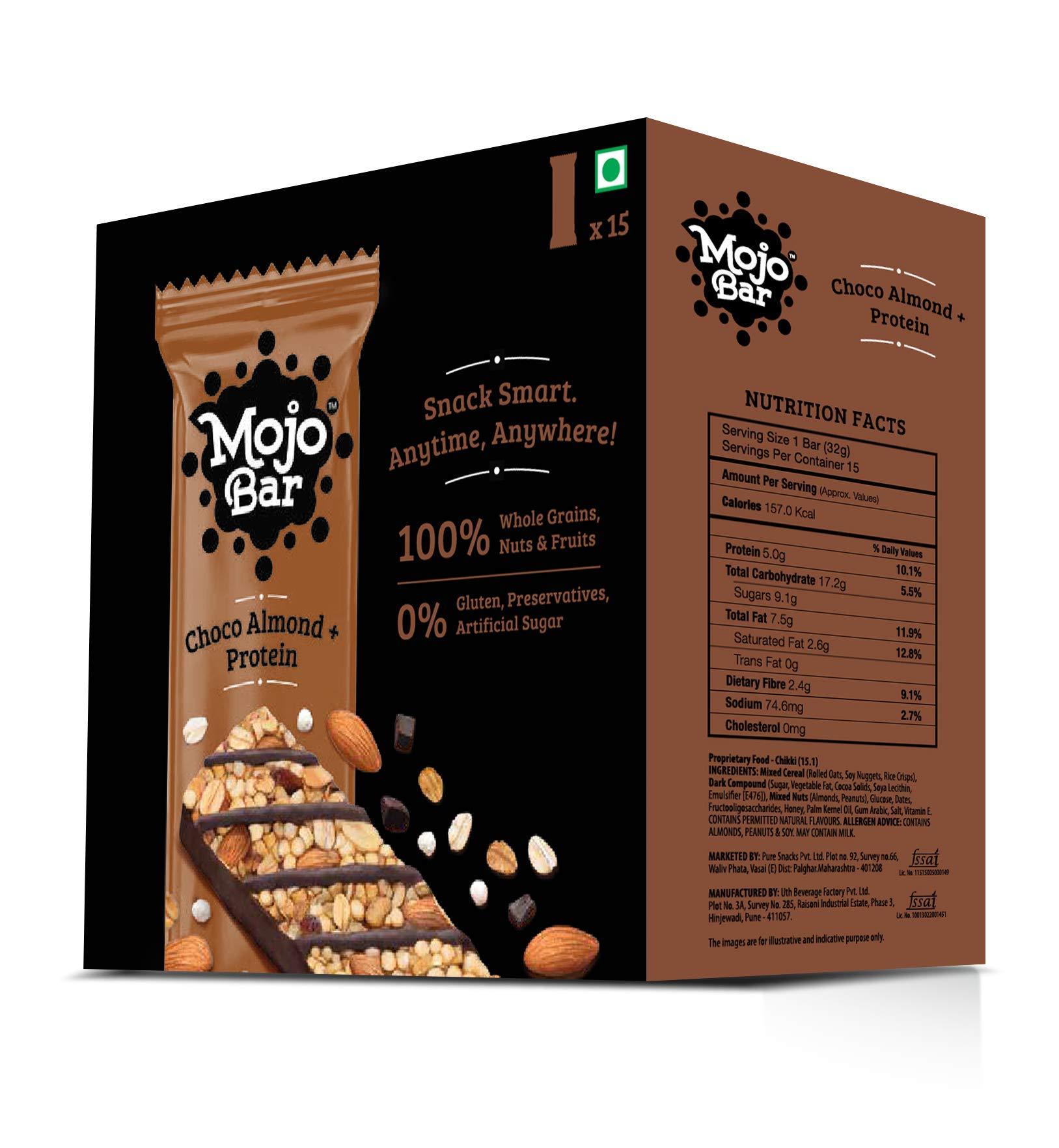 Mojo Bar Mojo Bar Energy Bars Choco Almond & Protein | 100% Whole Grains, Nut & Fruit | High Energy & Granola Bars | 5g Protein Snack | Pack of 15 x 32g Energy Bars | Gluten Free & No Preservatives