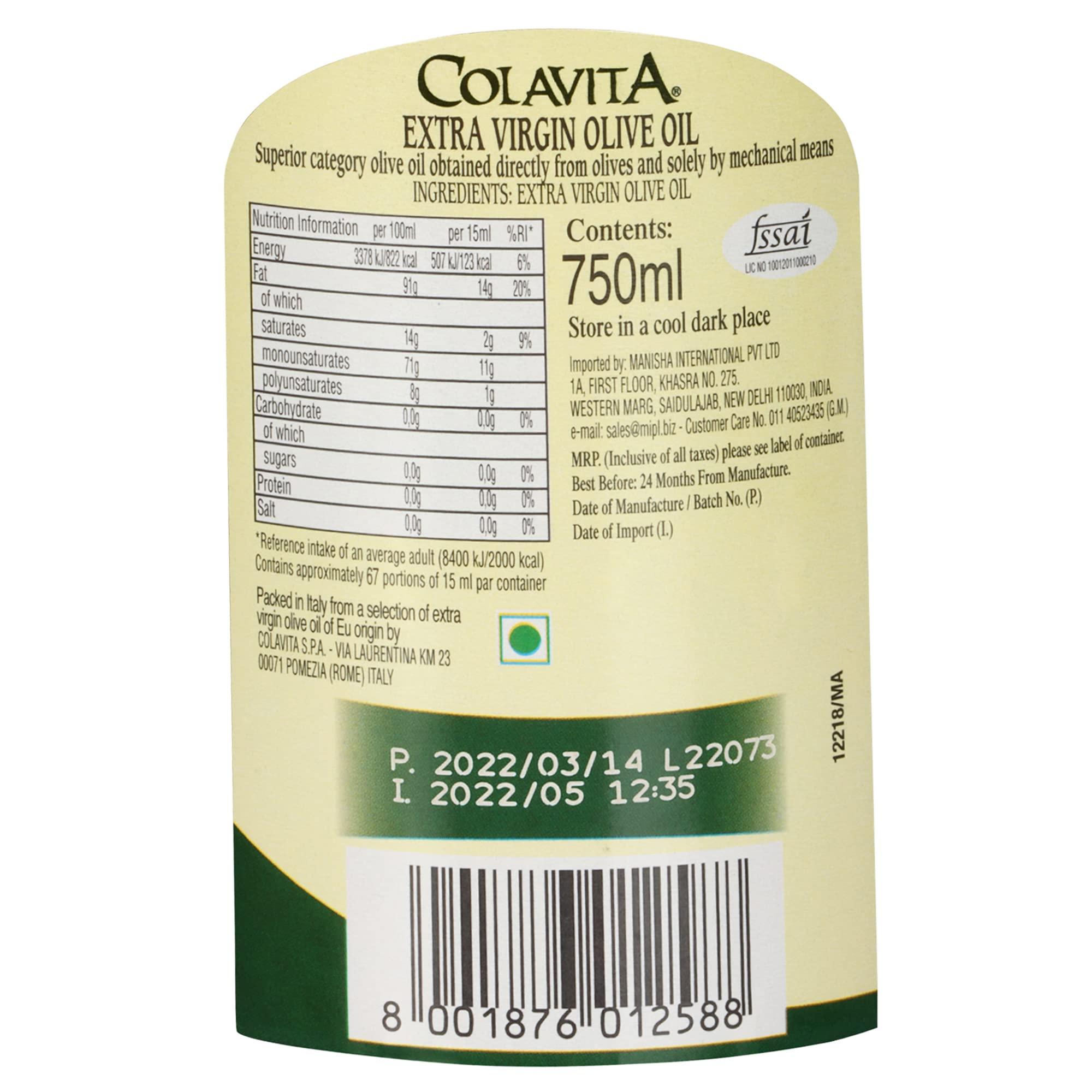COLAVITA Colavita Mediterranean Extra Virgin Olive Oil (750ml) | Imported from Italy | Premium Olive Oil for Cooking, Dips and Marinades | Cold Pressed Oil from Superior Whole Olives | Timeless Bottle