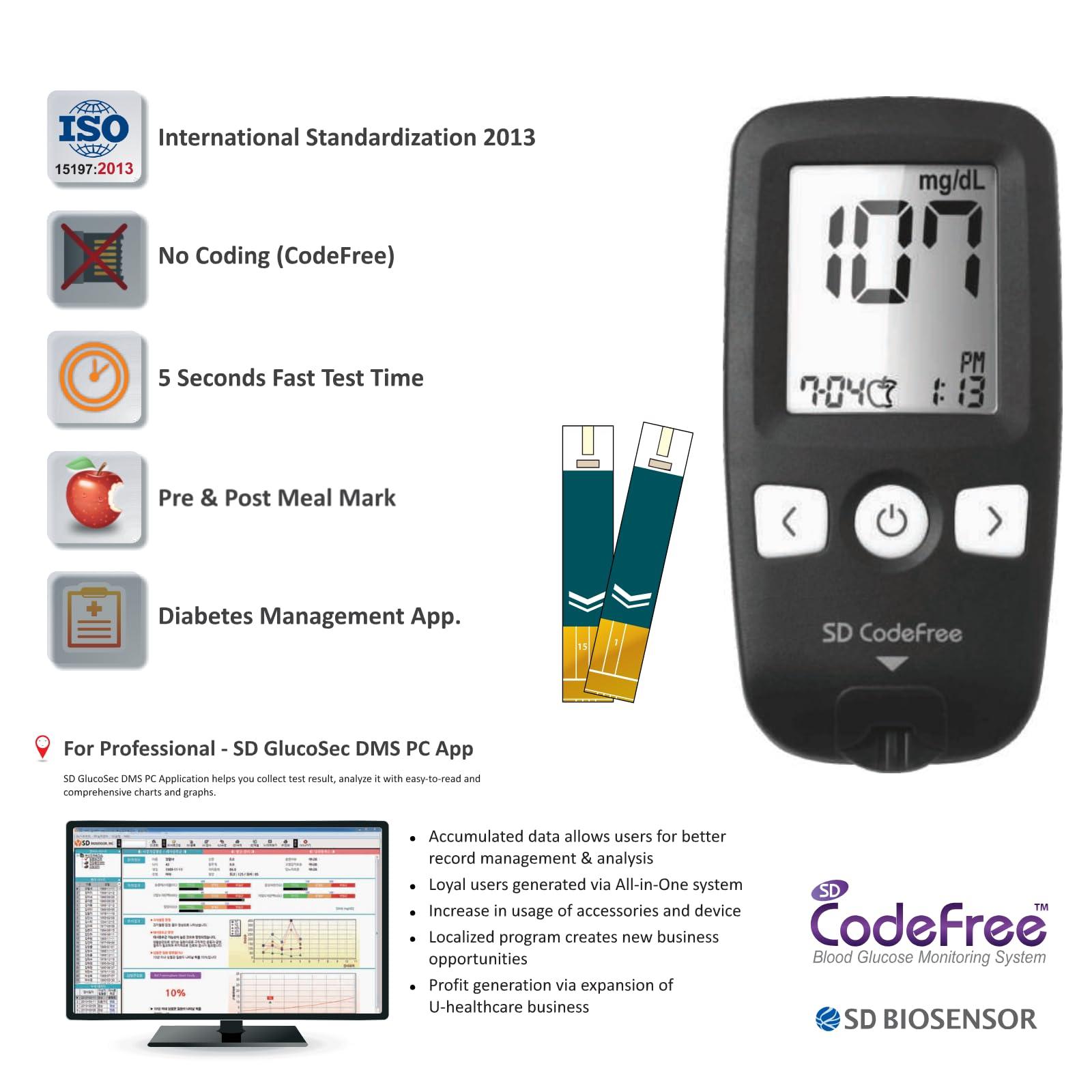 SD Codefree SD Codefree Blood Glucose Meter with 100 test Strips 100 Round Lancet and a Lancing Device - Glucometer (Black)
