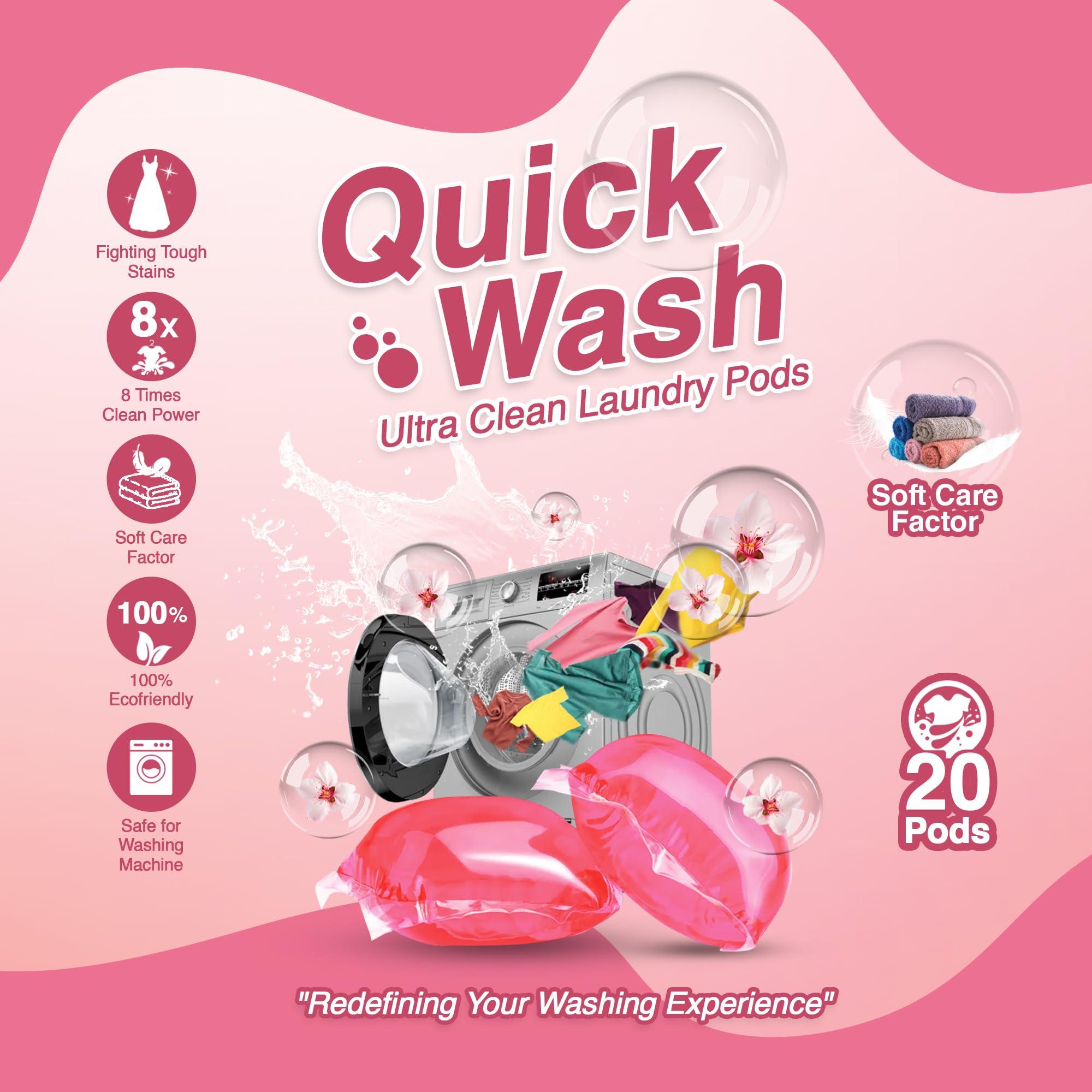 Quick Wash Quick Wash Ultra Clean Laundry Pods - 60 Count | Stretchable Liquid Detergent, 8x Cleaning Power, Eco-Friendly, 99% Germ-Free | Easy Use for All Fabrics