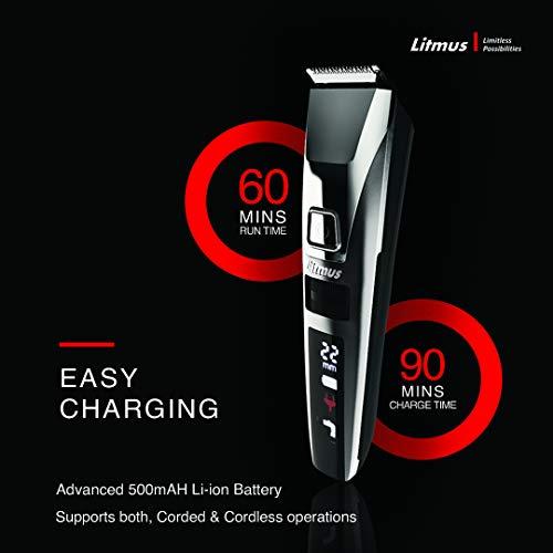Litmus LITMUS Stubble Pro Corded and Cordless Waterproof Beard Trimmer with Digital LED Display and Fast Charging, 60 Mins Run Time (Black and Grey)
