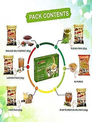 SLM SLM Pani Puri Golgappe Puchka kit with 4 Different Flavours 250g Each Combo (Pack of 2) 100g Puris, Pudhina Pani, Hing Pani, Lasooni Pani, Khatha Meetha Imli Pani and khajur Imli Chutney.