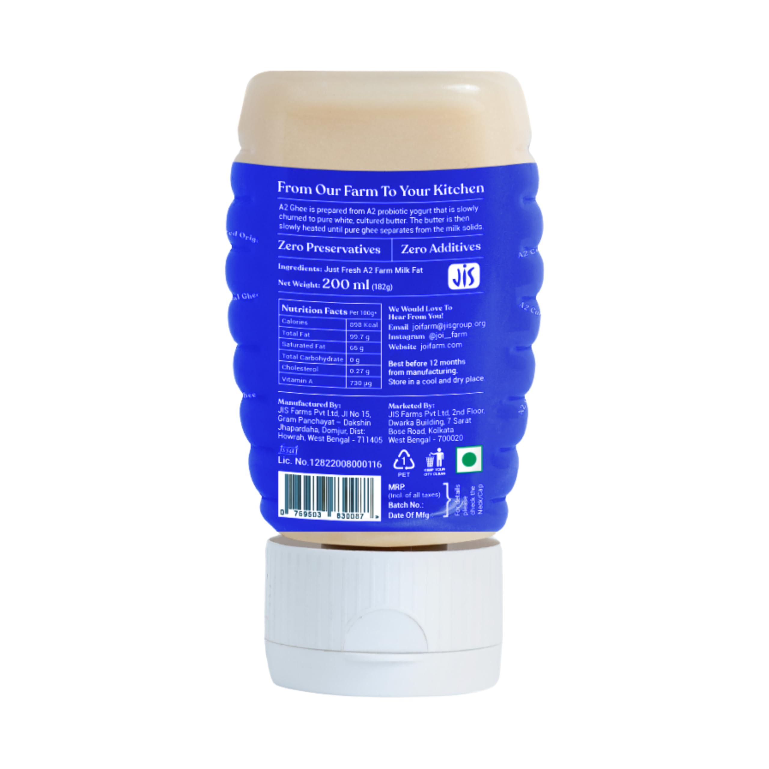 JOI JOI Farm Cultured A2 Cow Desi Ghee 200 Ml X 1 | Pure Ghee | Bilona Method | Certified, Farm-made, Healthy, Curd Churned & Non Adulterated