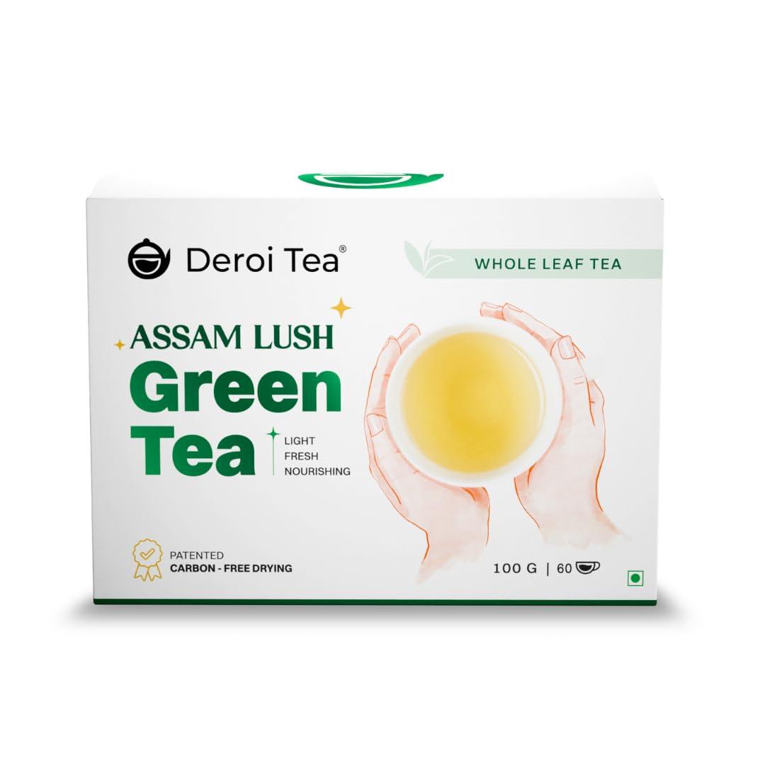 Deroi Tea DEROI TEA Assam Lush Green Tea | CARBON-FREE DRIED TEA | 100% Natural Whole Leaf | Assam Tea | 1Bud & 2 Leaves| Antioxidant Rich | Bitterless | 100 g - 60 Cups | Pack of 5