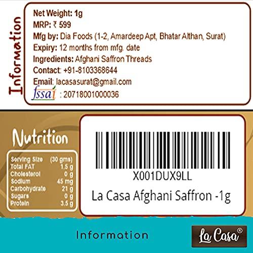 La Casa La Casa Afghani Saffron | Original Kesar | Premium A++ Grade Keshar | Purest Finest Zafran Threads | 1gm |