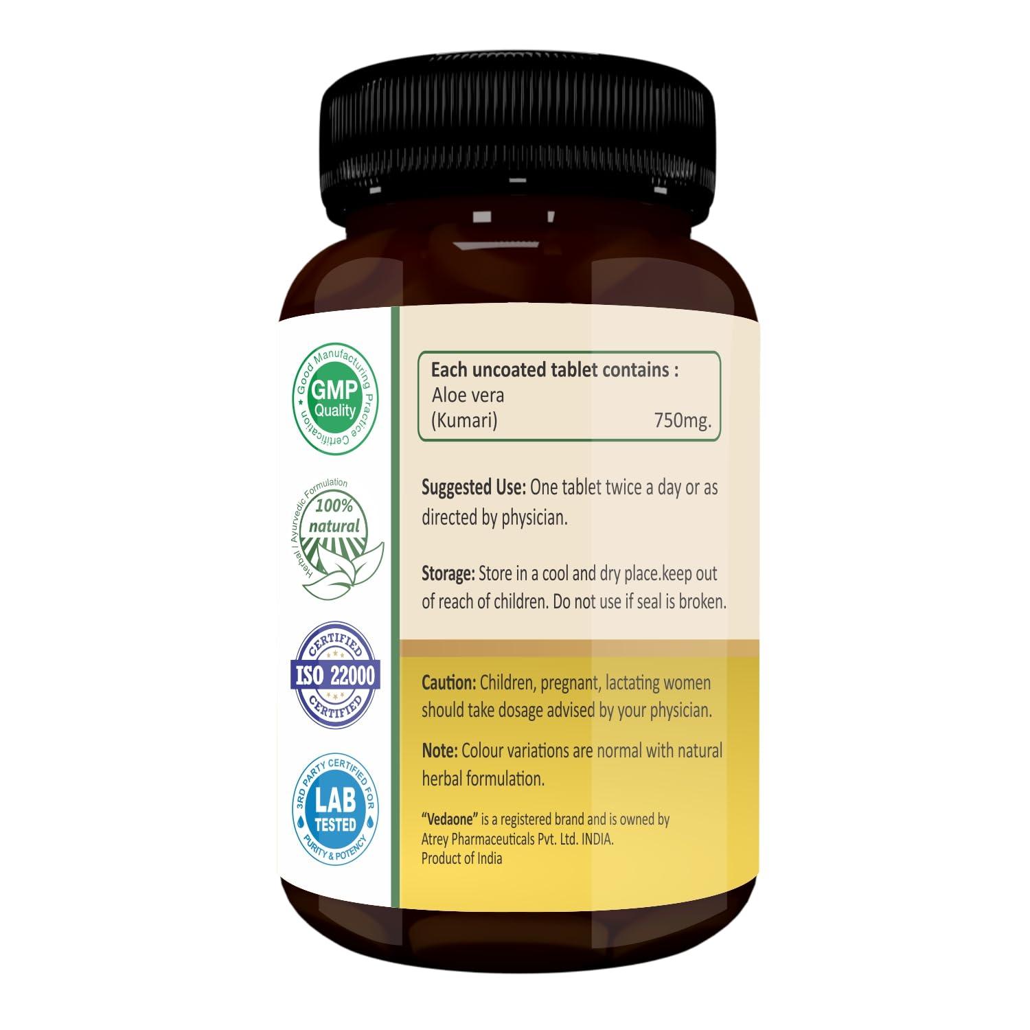 VEDAONE Vedaone Aloe Vera Tablets as Herbal Supplements - 100% Pure Organic Aloe Vera Extract 750mg 60 Tablets (Pack of 2)