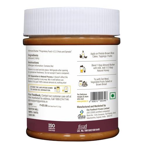 Pintola Pintola Almond Butter Crunchy 200g - All Natural Unsalted Butter, Healthy Almond Butter Unsweetened for Bread Spreads, Vegan Almond Butter