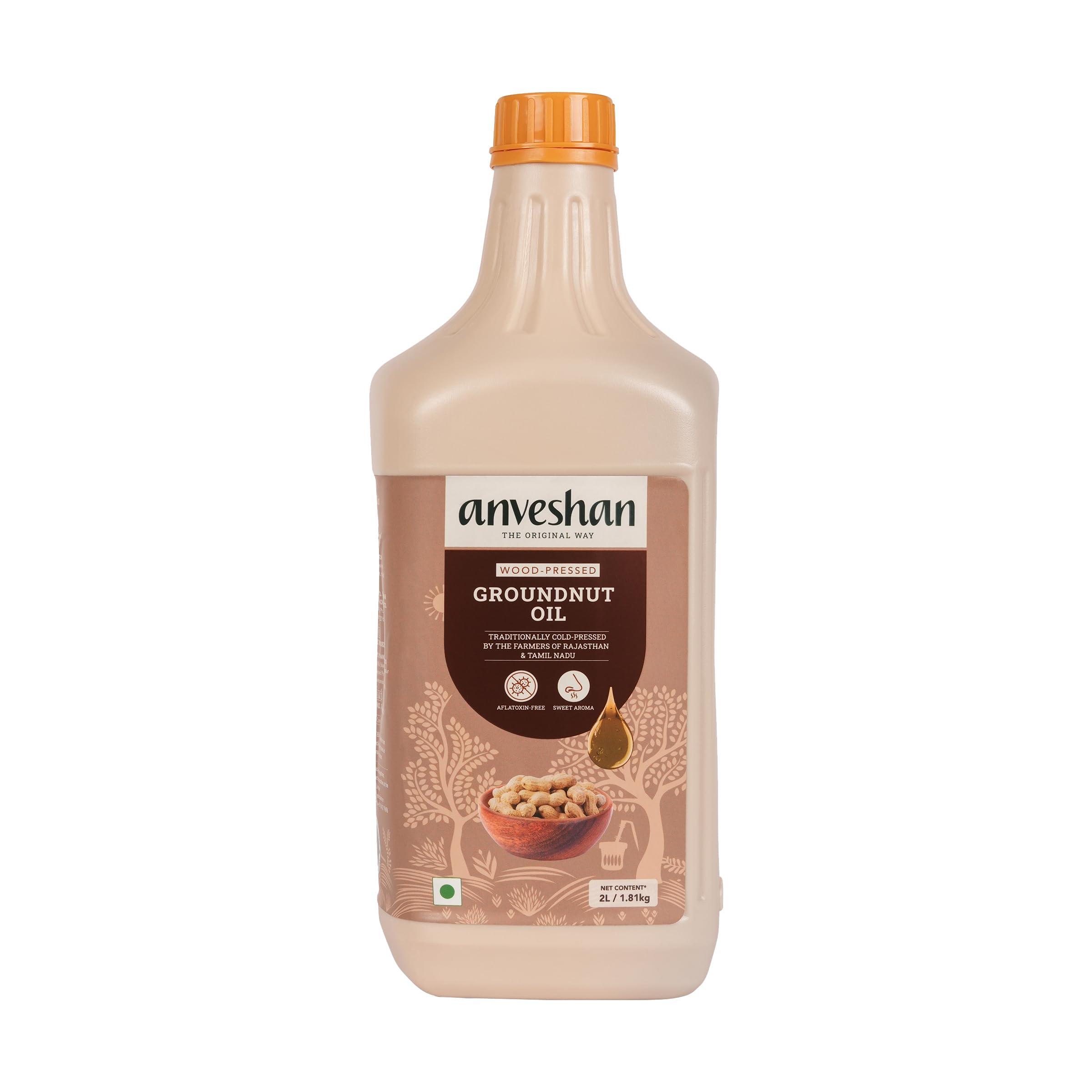 Anveshan Empowering farmers with technology Anveshan Wood Pressed Groundnut Peanuts Oil 2 Litre | Tin Can | Kolhu/Kacchi Ghani/Chekku | Peanut Oil | Natural | Chemical-Free | Cold Pressed Groundnut Oil for Cooking