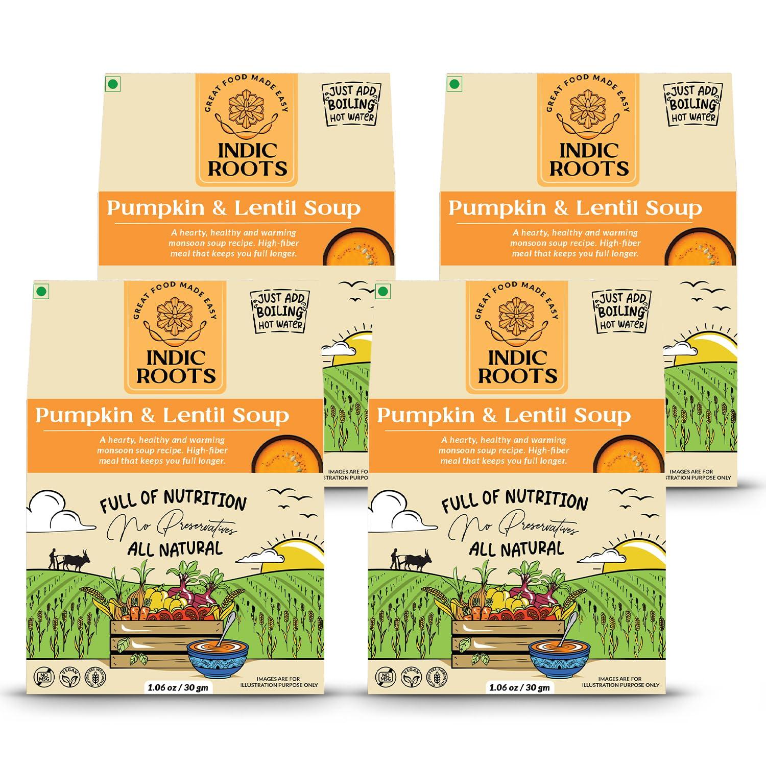 Organic Roots Indic Roots (Organic Roots) Pumpkin & Lentil Soup, Instant Soup Packets, Healthy Natural Ready To Cook Vegetable Soup Mix Powder, Pack of 4 (30G Each, 230Ml)