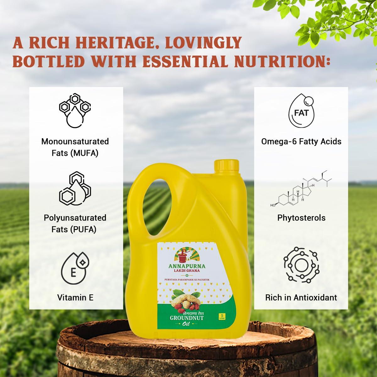 Annapurna Lakdi Ghana Annapurna Lakdi Ghana Cold Pressed Groundnut/Peanut Oil | Kolhu Kachhi-Ghani Wood Pressed Natural Cooking Oil | Pro Healthy, Chemical Free (5 Litre)