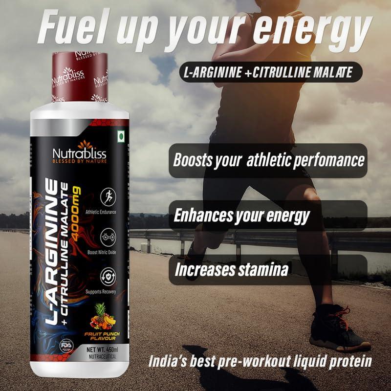 Nutrabliss NUTRABLISS L-Arginine Liquid 4000mg + Citrulline Malate | Improve Athletic Performance, Nitric Oxide Booster and Supports Recovery(450ml, Fruit Punch)