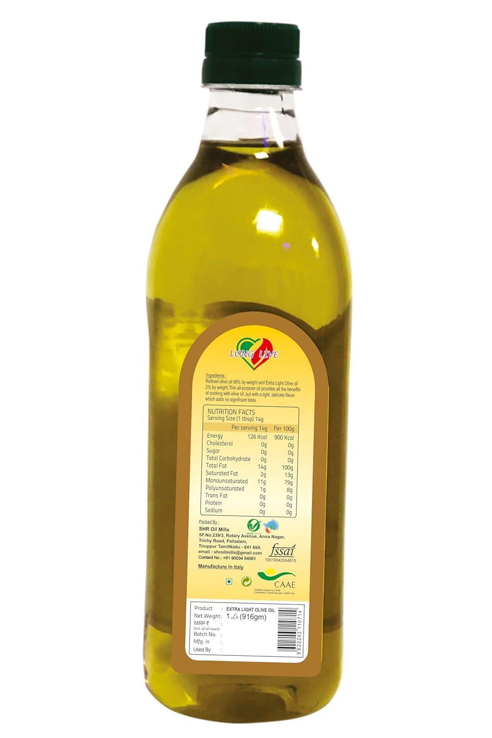 Long Live Long Live Extra Light Olive Oil, First Cold Pressed,(Imported from Italy) -1 Ltr Pack of 3