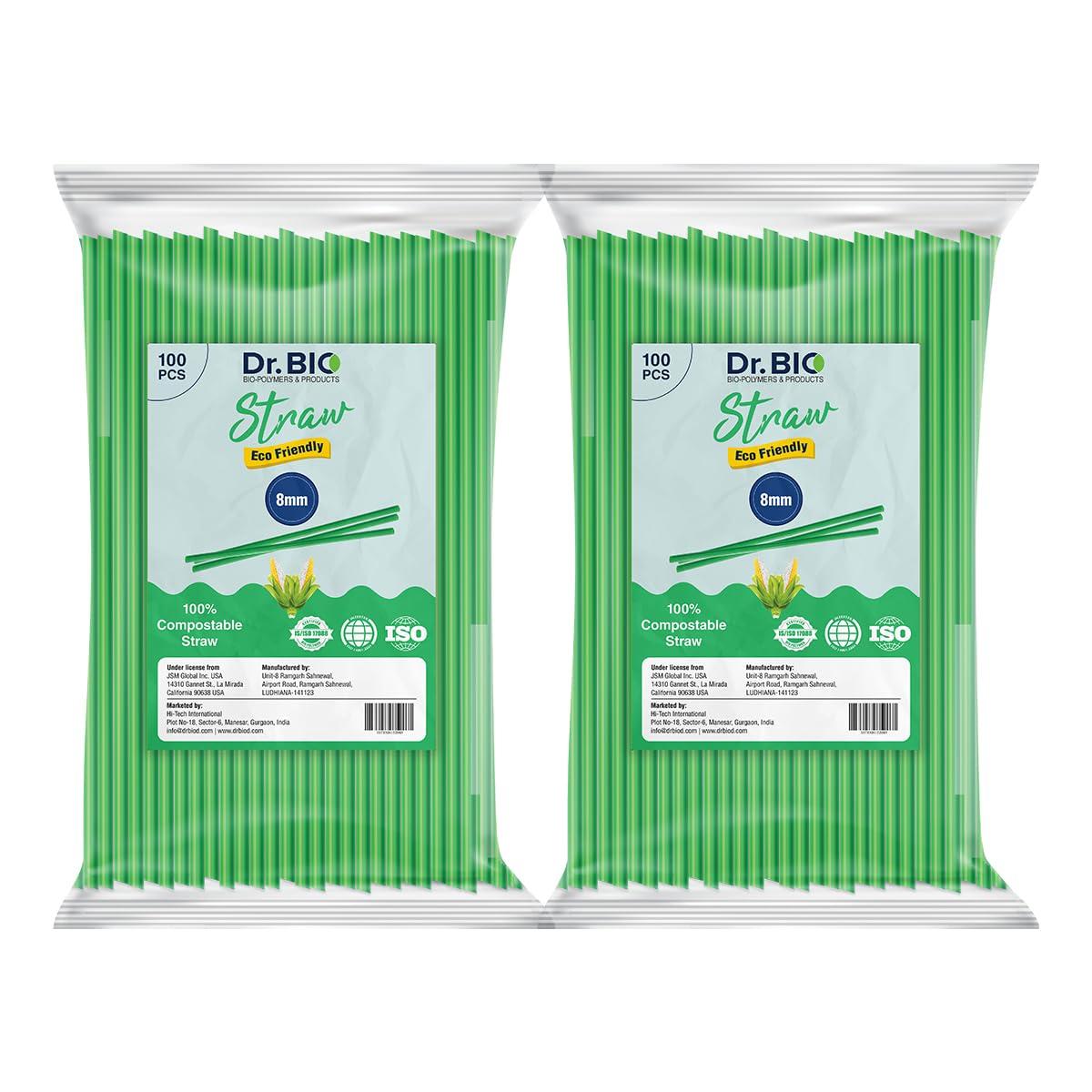 Dr. Bio Dr. Bio Biodegradable Compostable Straw 200Pieces Eco Friendly, Thick Quality, Made of Corn Starch | 2.25 cm x 19 cm | 8 mm (Pack of 2)