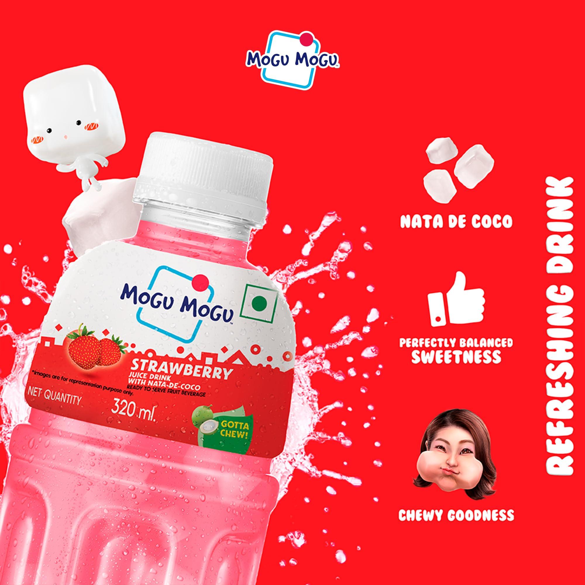 Mogu Mogu Mogu Mogu Strawberry Juice with 25% NATA De Coco | Energy Booster Drink | Full of Fruit Fibres | No Added Preservatives and Colours - (Pack of 18, 300ml Each)