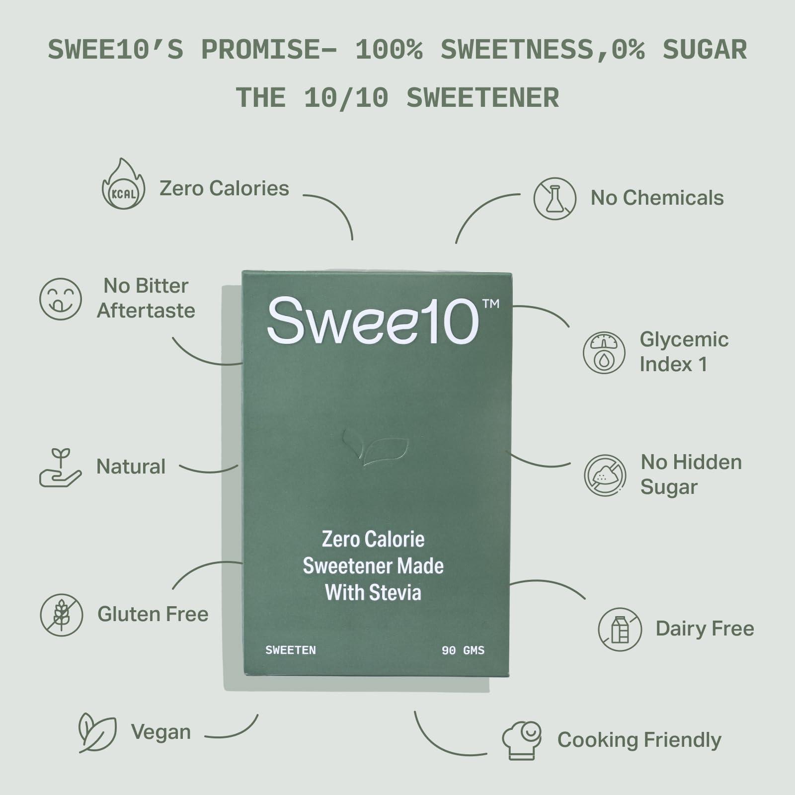 SWEE10 Swee10 Natural Stevia Sweetener - Zero Calorie Sugar Substitute for Low Sugar, Low Carb Diets - Vegan, Non-GMO Powder for Hot & Cold Drinks, Making Coffee & Tea, Cooking & Baking 90g Sachet Box
