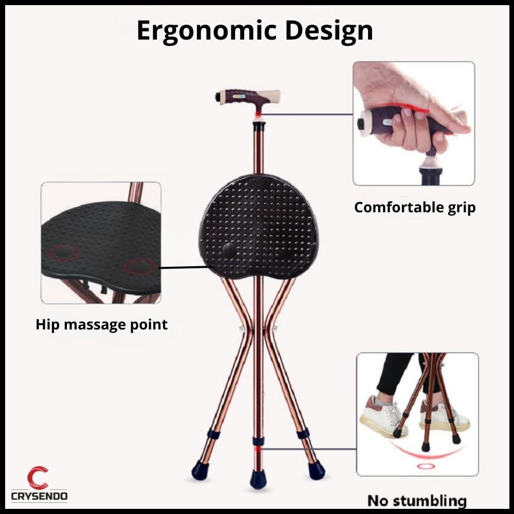 CRYSENDO Crysendo Walking Stick Cum Seat for Elders | Chair Folding Durable & Comfortable Cane Stool | Easy Carry Cane Chair Travel Hiking Hand Stick Cum Stool (LED Black)