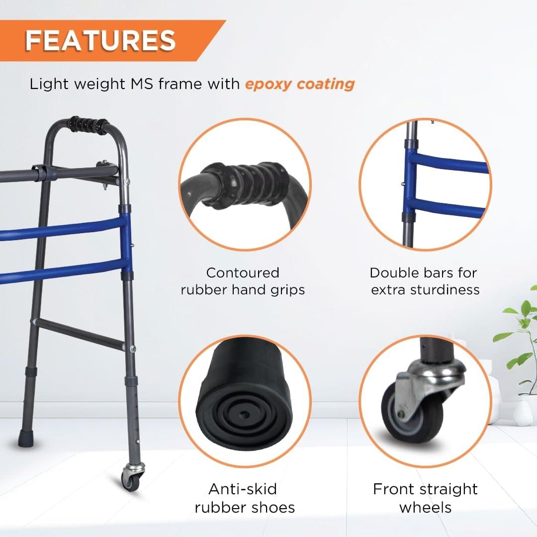 Vissco Vissco Dura Max Walker for Elderly and those Physically Challenged, Foldable, Light Weight & Height Adjustable Walking Aid - Made with Premium Grade Rubber Shoes and PVC Grip - Universal (Black)