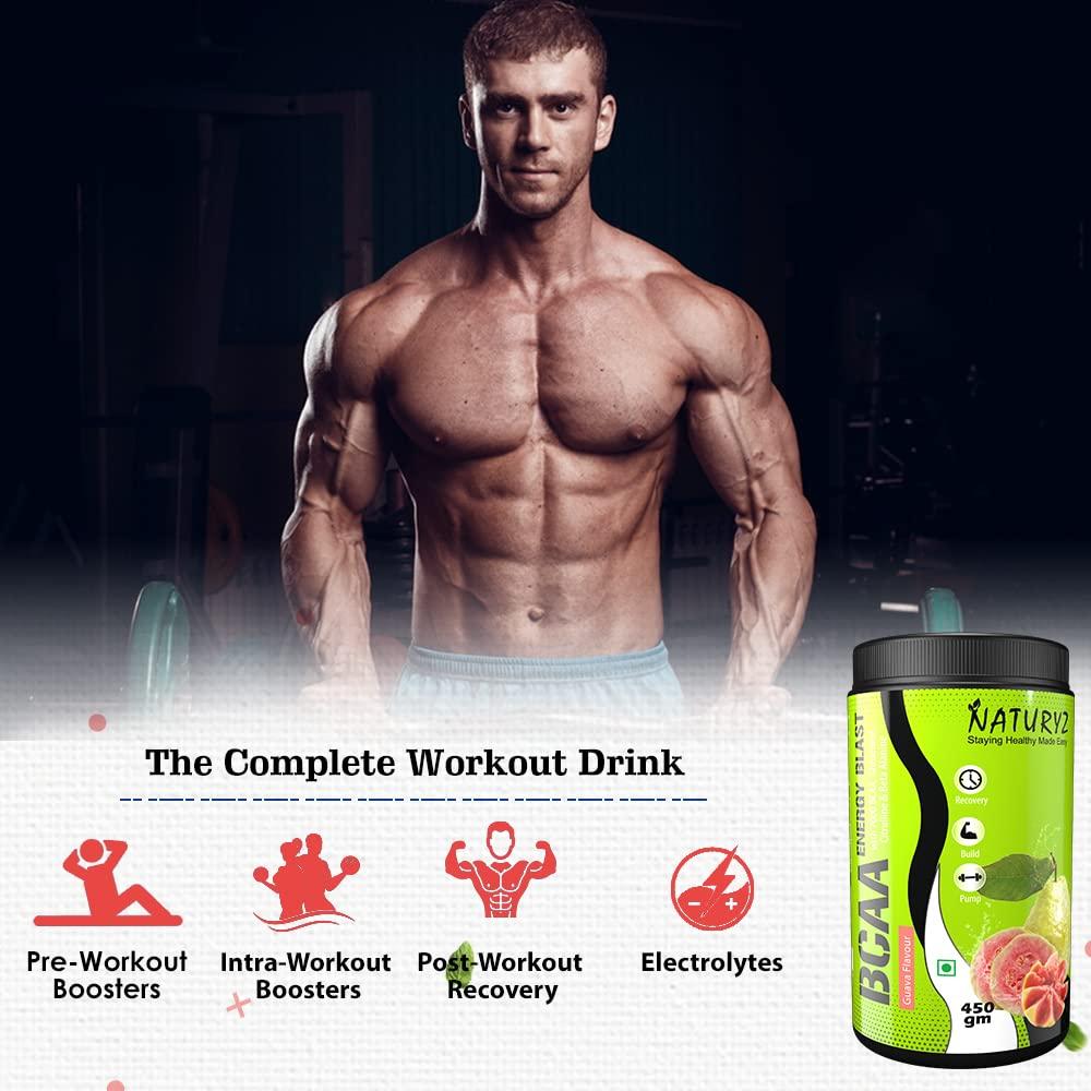 Naturyz NATURYZ BCAA Energy Blast Pre Intra Post Workout Supplement With 7000 BCAA | Glutamine | Citrulline | Beta-Alanine for Muscle Recovery | Power & Energy-450 Grams(Guava Flavor)