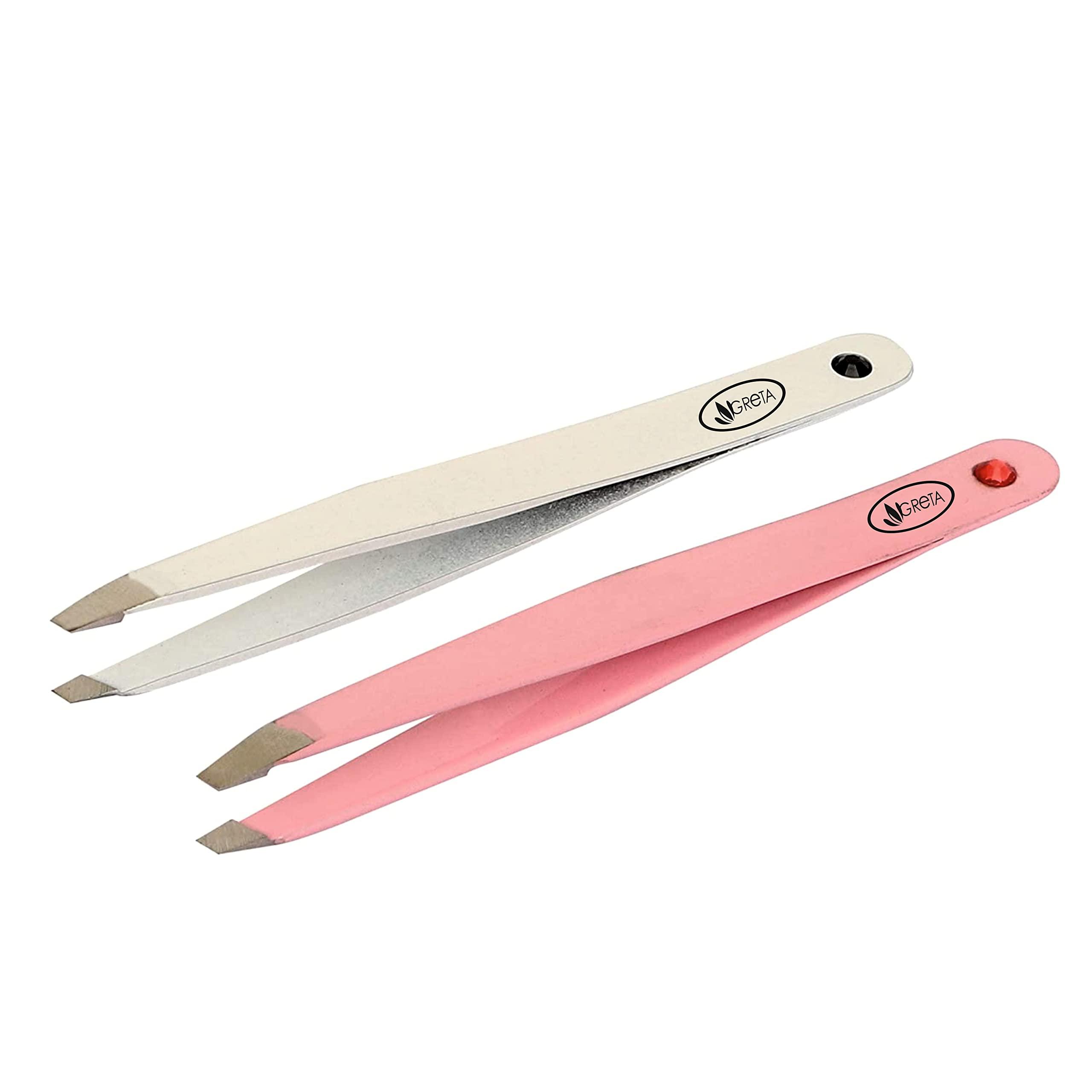 GRETA Greta White & Pink Colour Tweezer Plucker Set Precision Tweezers For Eyebrows, Ingrown Hair, Plucking Daily Beauty Tool Set Of 2 Pcs With Travel Case (PINK & WHITE)
