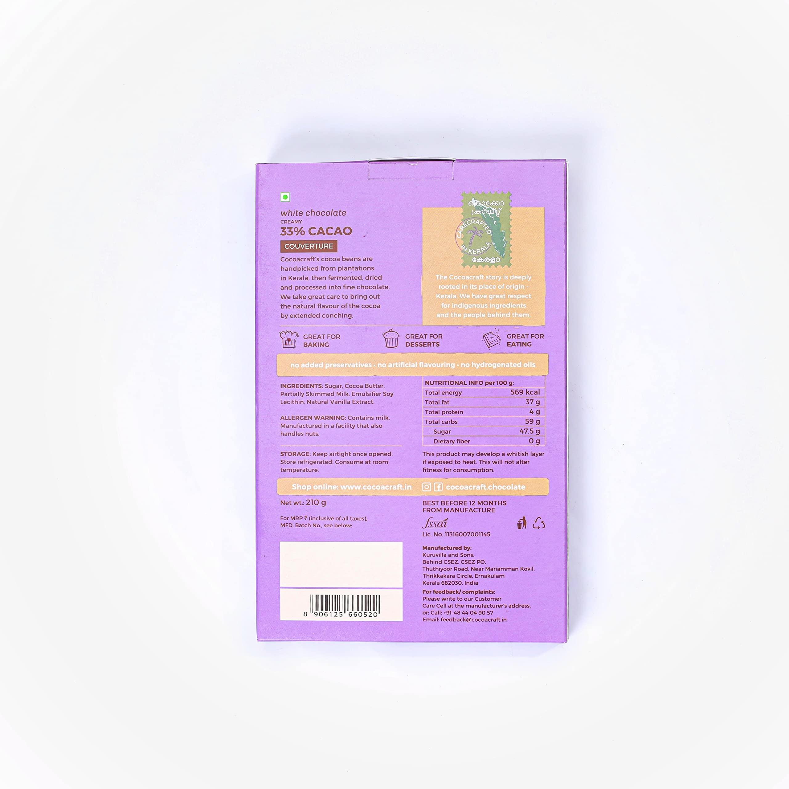 COCOACRAFT Cocoacraft 33% White Chocolate Couverture (210g) White Chocolate Baking Bar | 100% Natural | Handmade Artisinal Couverture Chocolate from Kerala | Used for baking and decoration