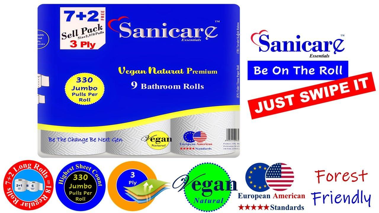 Sanicare Essentials Sanicare Toilet Paper 3 Ply VEGAN 7+2 (9 XXL Size Rolls Pack) American Size Rolls With 330 Pulls Per Roll (2970 Pulls Per Pack)