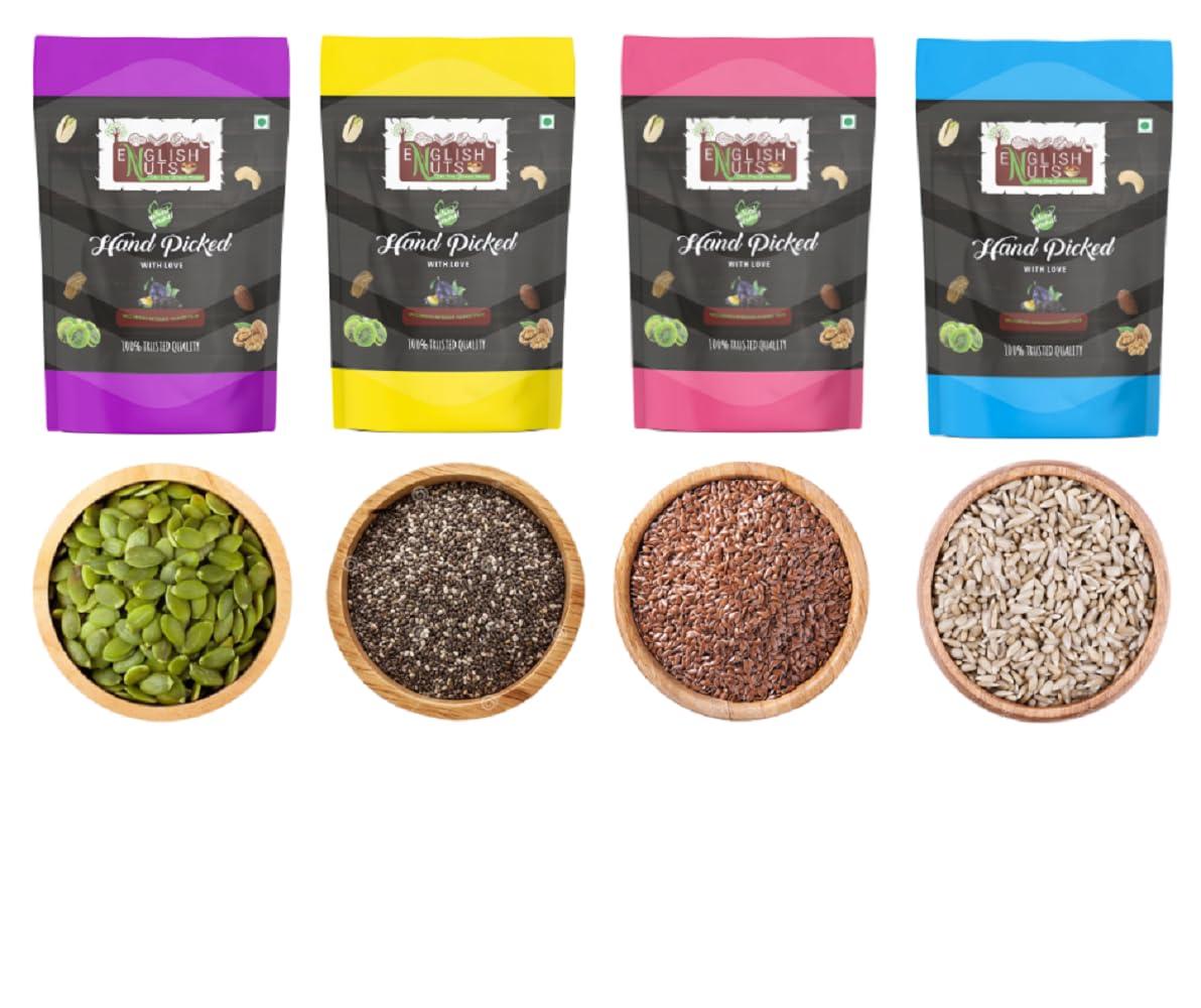 ENGLISH NUTS-THE DRY FRUITS HOUSE English Nuts 800 Grams 4 in 1 Edible Seeds Combo For Eating | Pumpkin, Sunflower, Flax, Chia Seeds | 200 Grams Each | Seeds for Eating |