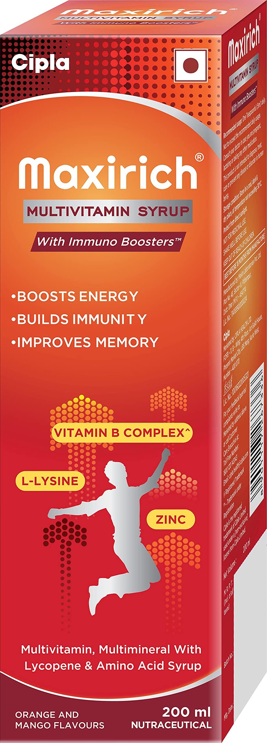 Cipla Cipla Maxirich Multivitamin Syrup | Boosts Immunity | Powerhouse of Vitamins & Minerals | 200 ml (Pack of 1)