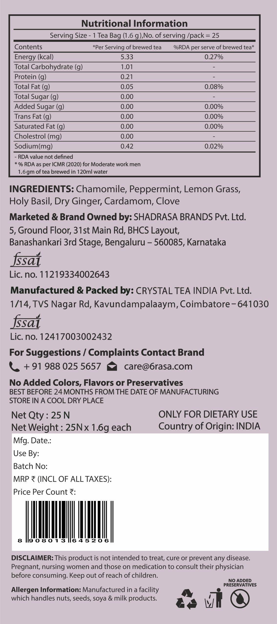 6rasa 6rasa Chamomile Calm Tea Bags With Mint, Tulsi | For Good Sleep And Stress Relief | 100% Natural Herbs & Spices | No Added Sugar (1.6 Gram Each, 25 Tea Bags) (Pack Of 1)