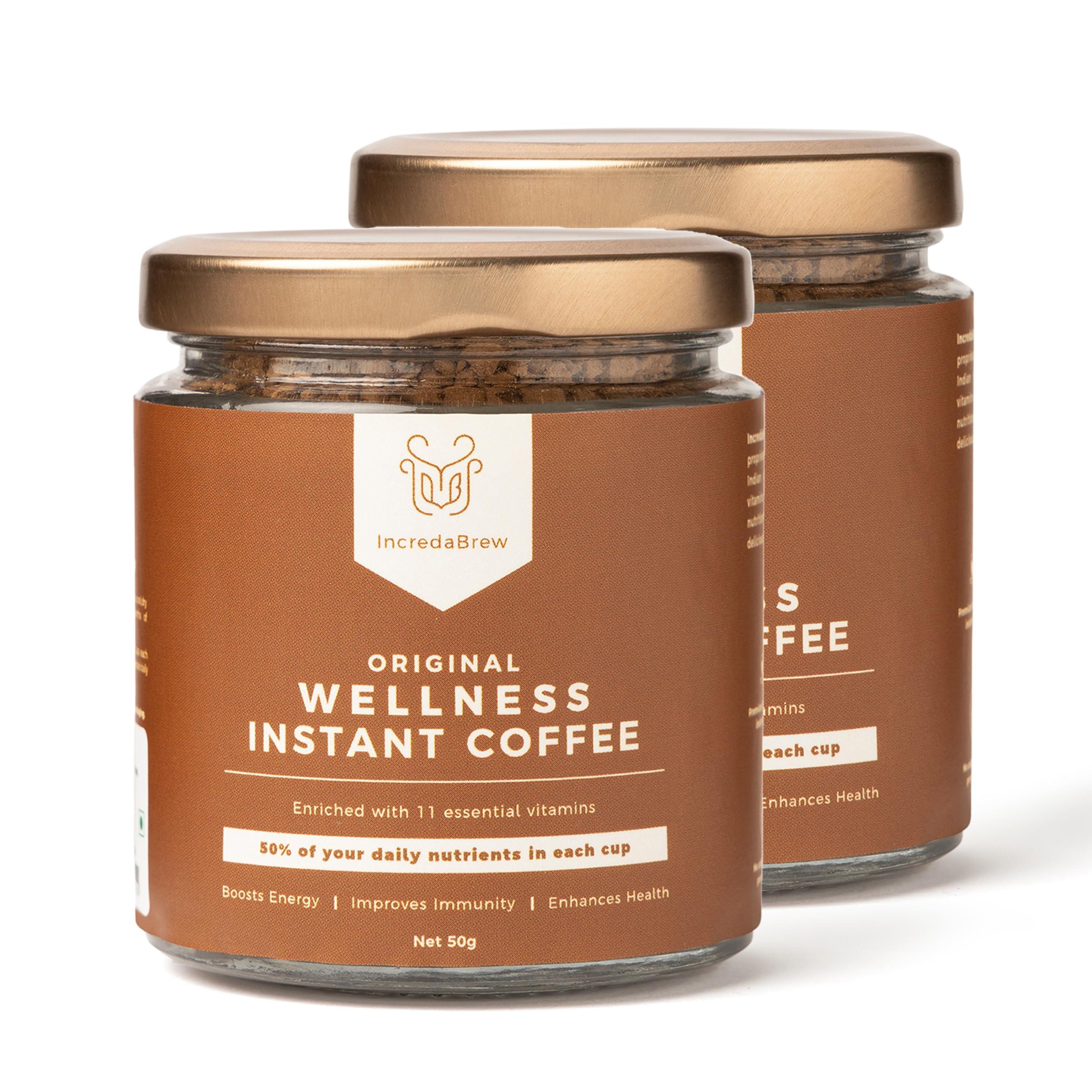 IncredaBrew IncredaBrew Wellness Instant Coffee Powder - 100g, Vitamin Rich Diet Coffee | Makes 50 Cups of Hot/Cold Coffee, Milk/Black Coffee | Gold Blend Freeze Dried Coffee Combo Pack of 2 x 50g