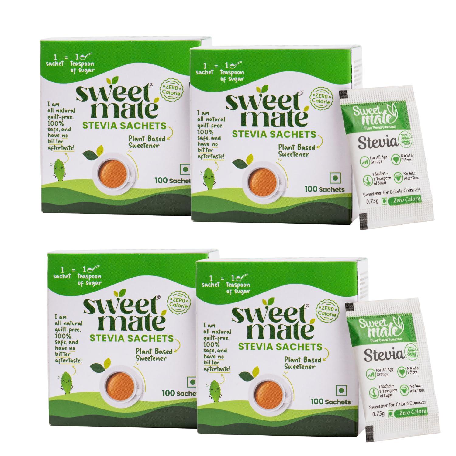 Sweetmate Sweetmate Stevia Sachets (100 Sachet x Pack 4) - 400 Servings | 100% Sugar Free, Natural, Diabetic Friendly | Plant-Based Natural Sweetener Powder, Zero Calories | Vegan & Keto Friendly Stevia Powder