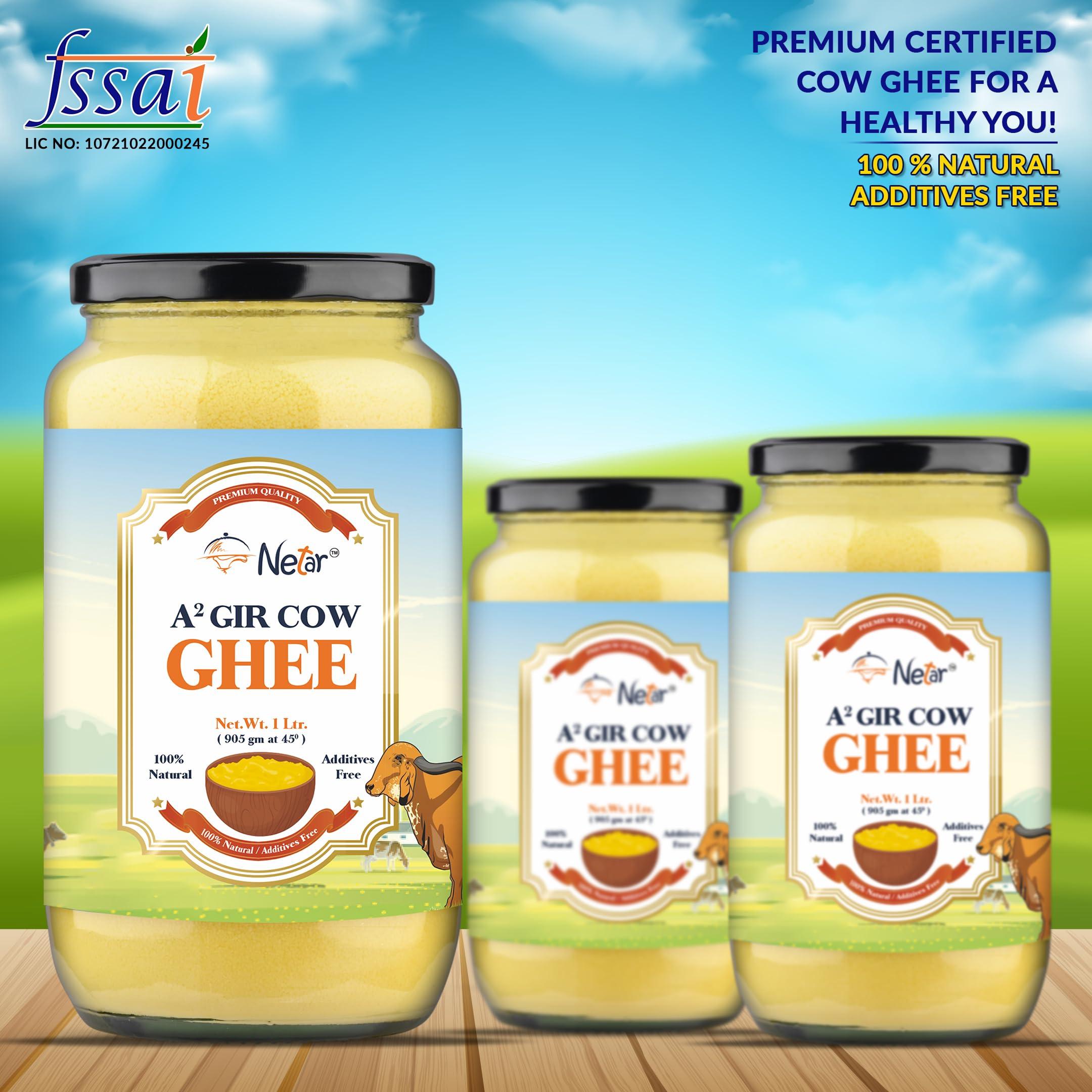NETAR Netar Pure A2 Gir Cow Ghee 1 Ltr (Pack Of 2) | Vedic Bilona Two Way Hand Churned | Indiand Gir Cow Ghee, Natural & Healthy,| No Added Colour and Preservatives, | 1 Litre (Jar Pack Of 2).