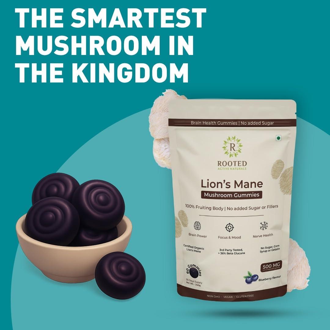 ROOTED Rooted Actives Certified Organic Lions Mane Mushroom Extract Gummies | Memory, Focus, Brain Powder & Nerve Health | Usda Organic, No Sugar, Blueberry Flavor | Lions Mane Powder
