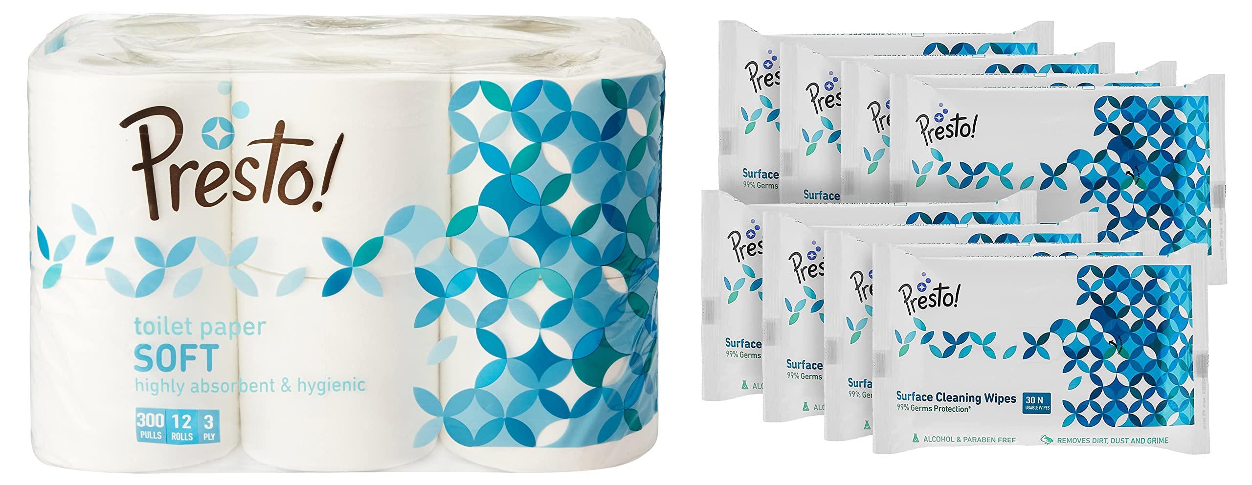 Presto! Amazon Brand - Presto! 3 Ply Toilet Paper/Tissue Roll - 12 Rolls (300 Pulls Per Roll) & Amazon Brand - Presto! Surface Cleaning Wipes - 30 wipes/pack (Pack of 8)