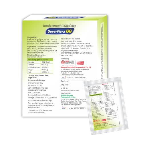 Sundyota Lifecare Sundyota's Superflora GG Probiotic Supplement | Eq. to 30 billion cells - 5X more probiotic activity | Probiotic for kids, men & women | Orodispersible vanilla flavored Sachets. (10 Sachets)