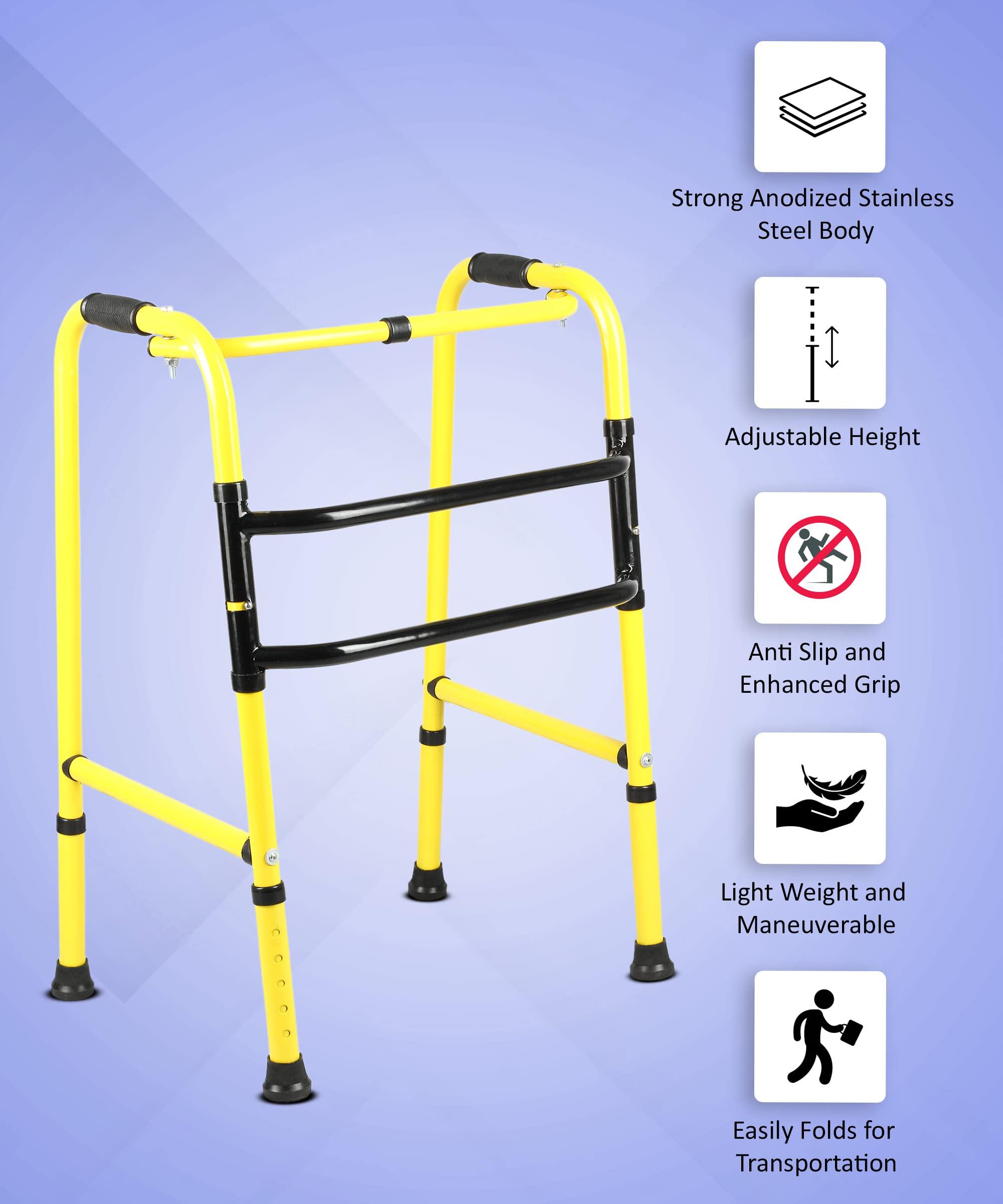 iwalk; Changing Lives iWalk MS Height Adjustable & Double Bar Folding Walker for Adults, Senior Citizens and Injured | Heavy Duty | Made in India (Yellow)