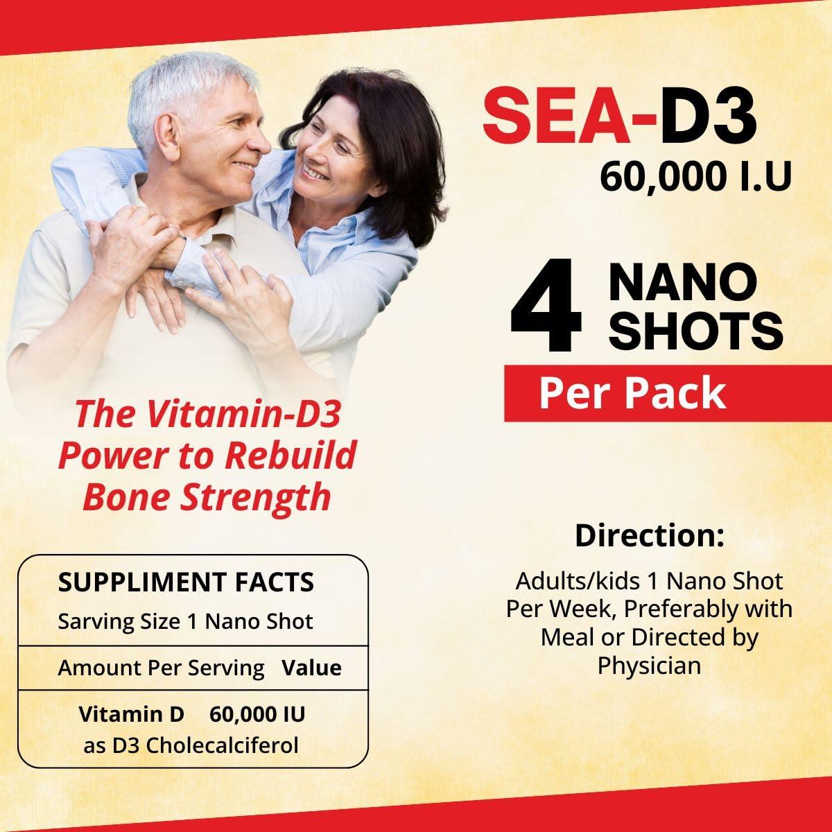 SEA SEA D3 Nano Shots/Vitamin D3 60000 I.U Suga Free Oral Solution Syrup(8 Shots Of 5Ml Each) = 2 Boxes, 1 Count