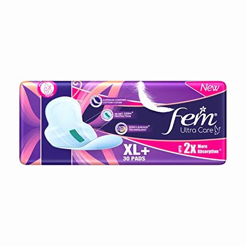 FEM Fem Ultra Care Sanitary Pads for Women - XL+(Pack of 30) with wings| 2X higher absorption technology | Zero leakage up to 12 hours | Dermatologically tested |99.99% germ protection