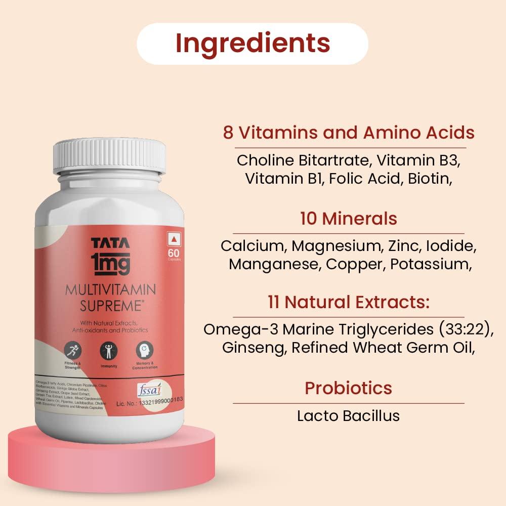 TATA 1MG TATA 1MG Multivitamin Supreme With Zinc, Calcium, Vitamin D, Antioxidants & Probiotics For Fitness, Strength, Immunity, Memory & Concentration, Energy Booster Capsule For Men & Women (Pack Of 60)
