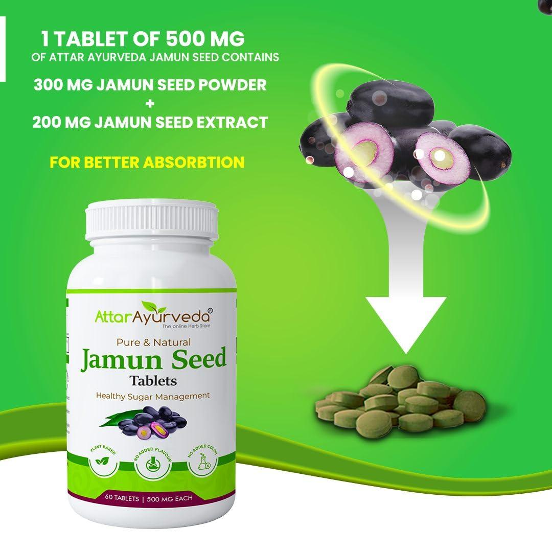ATTAR AYURVEDA Attar Ayurveda Jamun Seed Extract tablet 500mg, 60 tablets | Beneficial in controlling Blood Sugar Levels, Boosting Digestion, Blood purification and Detoxification (Pack of 1)