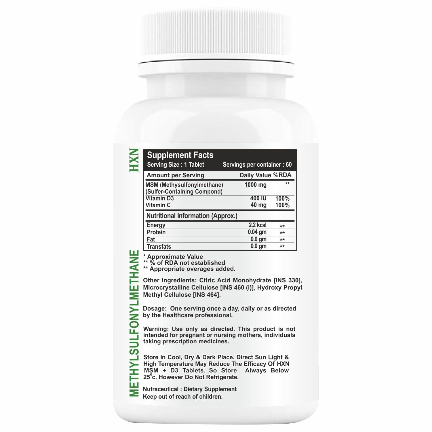 HXN HXN MSM Powder Supplements, Vitamin C, And D3, To Pain Relief And Joint Support Supplement-60 Tablets (No Capsule Pack 1)