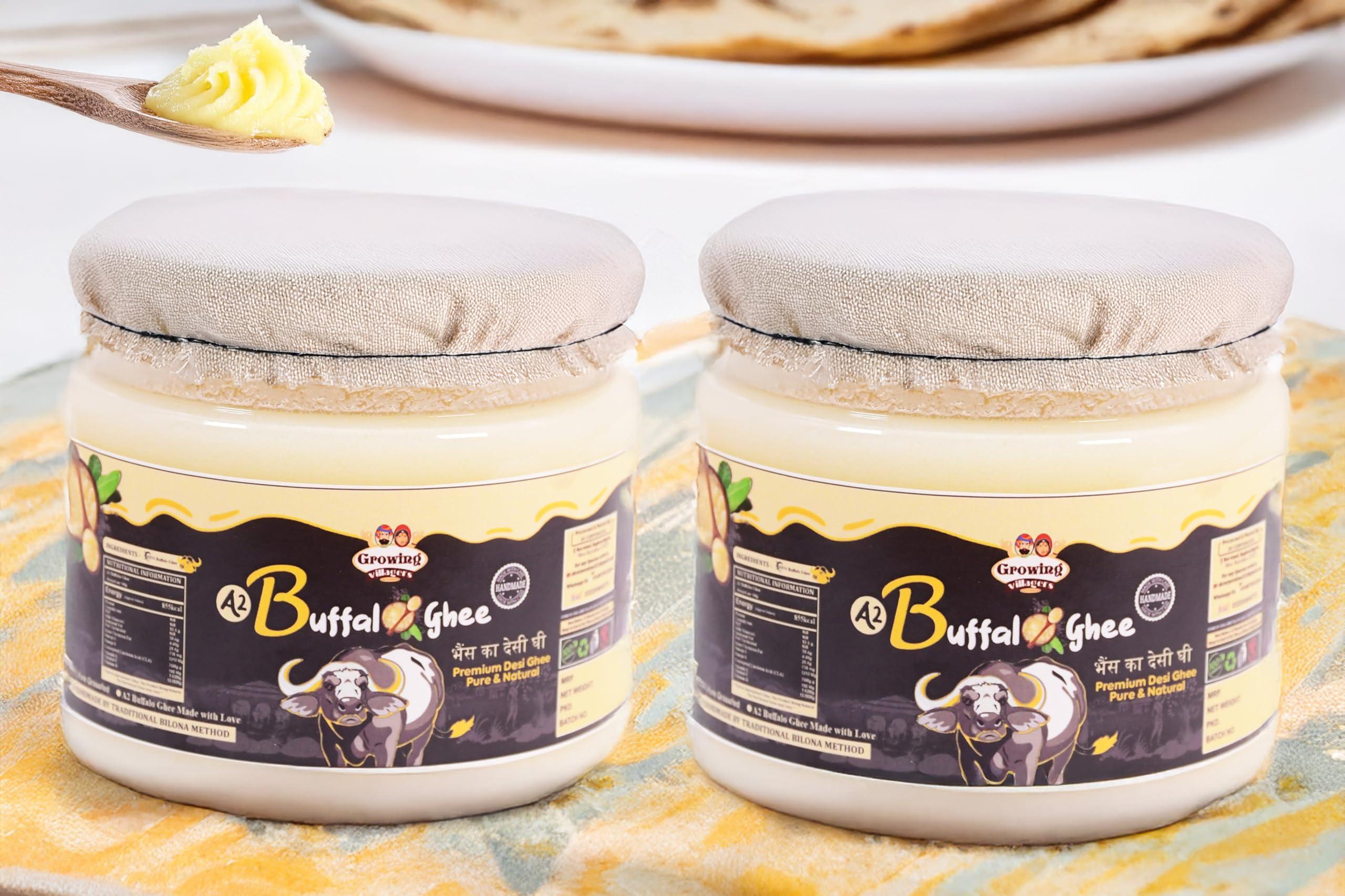 Growing Villagers Growing Villagers A2 Desi Buffalo Ghee 1 Litre | Organic Curd Churned Desi Ghee | Murrah Buffalo Bilona Method Ghee | Homemade Shudh Desi Bhes Ka Ghee - 2 Jars Of 500 ml Each